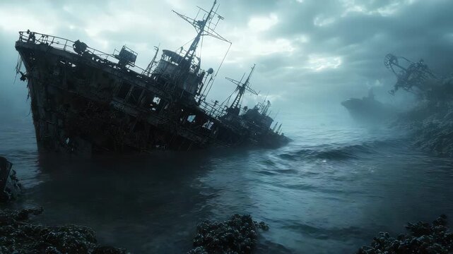 Abandoned shipwreck with rusted hull in foggy sea and cloudy sky creating eerie underwater maritime decay and dark ocean atmosphere