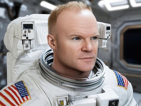 Focused astronaut in spacesuit with the American flag, staring into the unknown with determination.