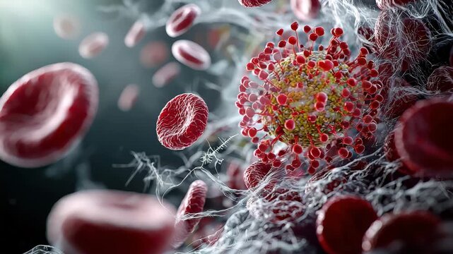 Red blood cell virus microscopic infection biology health science medical close up 3D render detailed bloodstream immune response illustration - Powered by Adobe