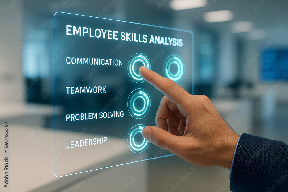 Poster employee skills analysis illustrated with hand interacting with digital interface highlighting key s