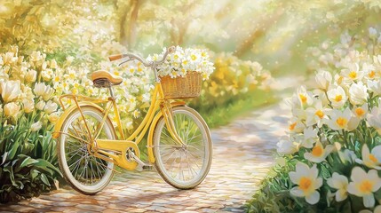 Fototapeta premium Yellow bicycle with flowers in a spring garden.