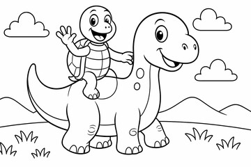 Fototapeta premium Funny tortoise riding on a friendly dinosaur, smiling and waving in a cheerful outdoor scene. A perfect playful coloring page for kids who love animals and adventure