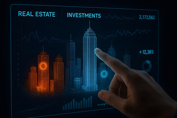 Financial analysis depicting real estate investments and market growth on a modern futuristic digital interface with a hand interacting with the data
