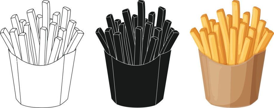 Naklejki Three styles of French fries are showcased, including a line art version, a solid black silhouette, and a fully colored illustration, perfect for menus or culinary designs.