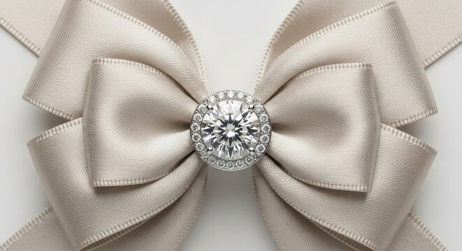 Elegant light beige satin ribbon bow adorned with a sparkling rhinestone button. - Powered by Adobe