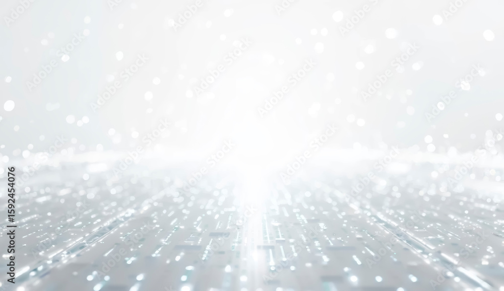 Poster bright light beams illuminate a digital environment filled with floating particles, creating an ethe