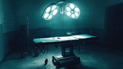 Eerie Operating Room: Surgical Lights Illuminate Empty Table, Teal Tones.