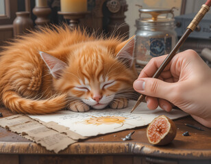 Cozy workspace with sleeping orange cat, hand drawing sun design, artistic ambiance and copy space
