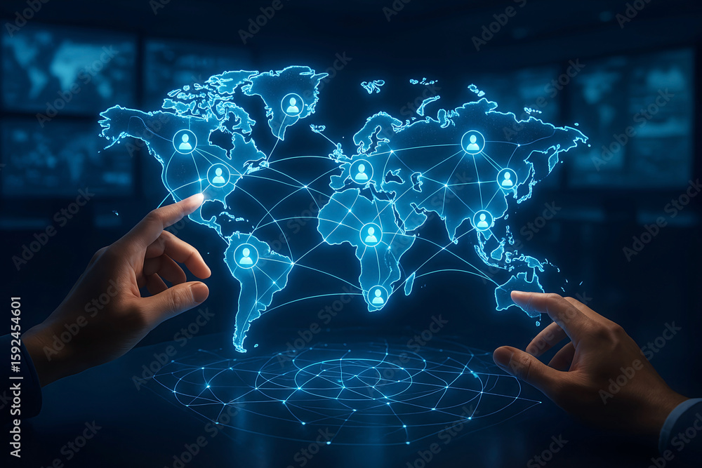 Poster global digital network connecting people across continents with glowing world map illustrating commu