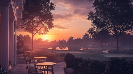 Serene Golf Course Sunset: Terrace View with Tranquil Pond Reflection