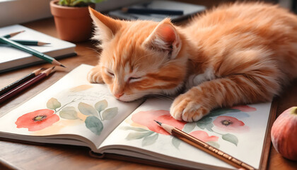 Cozy workspace with sleeping orange cat, painting poppy flower, warm ambiance and copy space