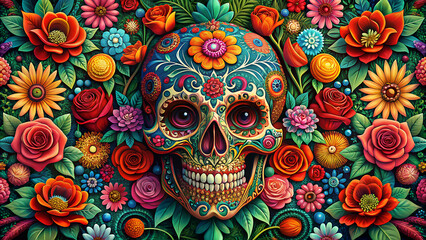 Abstract colorful seamless floral pattern with skull and crown vintage grunge decoration