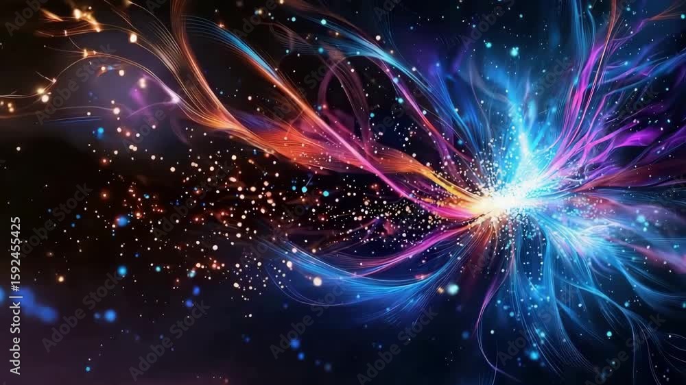 Poster colorful abstract light streaks and particles create vibrant cosmic explosion with dynamic glowing e