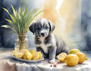 Charming puppy with fresh lemons and greenery, vibrant watercolor illustration, cheerful nature scene and copy space
