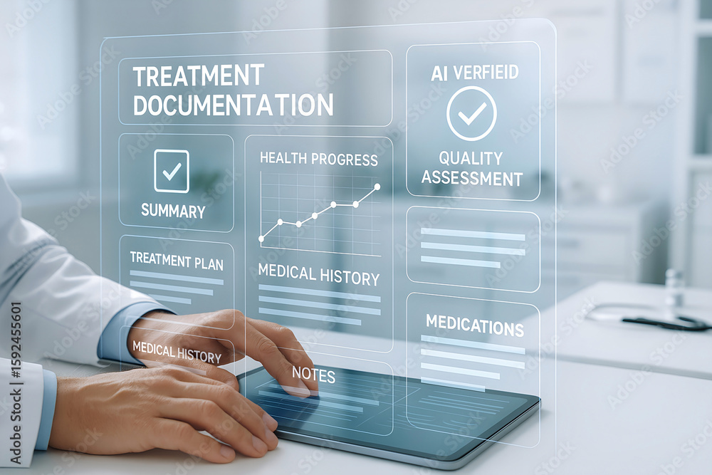 Poster medical professional analyzing treatment documentation on a digital tablet interface showcasing pati