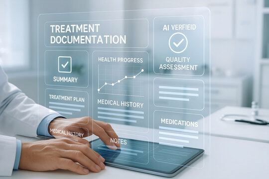 Medical professional analyzing treatment documentation on a digital tablet interface showcasing patient health data and ai verification in a modern healthcare setting. - Powered by Adobe