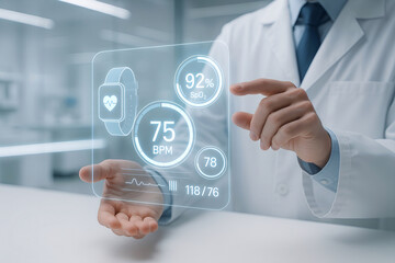 Medical professional interacts with futuristic health data display showing vital signs from a smartwatch health monitor