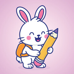Cute White Bunny with Backpack Holding Pencil