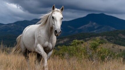 Obraz premium Majestic white horse in a mountain meadow (1)