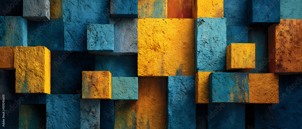 Aufkleber blue and yellow wall made of blocks. the blocks are arranged in a pattern that creates a sense of de