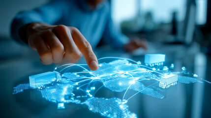 Businessperson interacting with a large holographic map filled with delivery trucks, containers, and transport routes. High-tech logistics interface in clean modern office.

