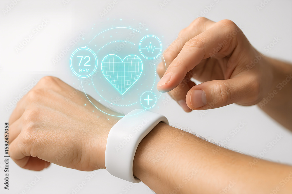 Poster person using smartwatch displaying heart rate and health data, with a focus on modern technology and