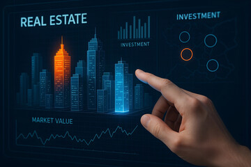 Real estate investment analysis with futuristic interface and finger pointing at illuminated skyscrapers representing market data