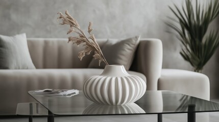 Serene Minimalist Living Room: Textured White Vase with Pampas Grass
