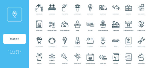 florists business floral arrangements collection linear icons, gift card preservation apron flower foam floral