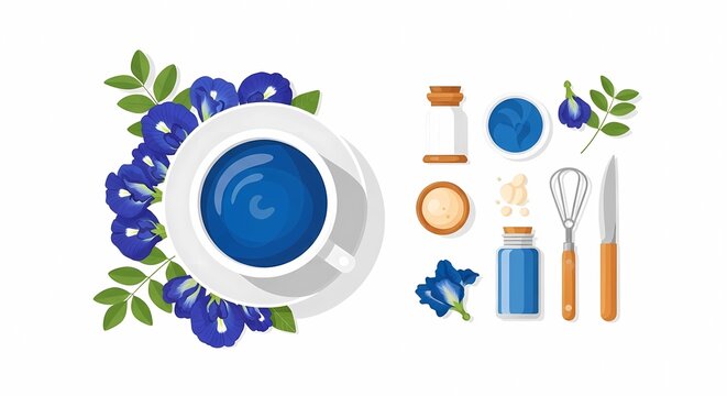 A cup of blue butterfly pea flower tea surrounded by blue flowers and various tea-making tools. The scene emphasizes herbal tea preparation and natural ingredients.