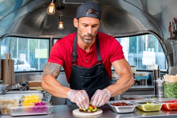 Caucasian male adult preparing street food in food truck wearing apron and cap