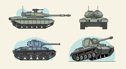 Fototapeta premium A vector illustration showcases a collection of military tanks in various angles and styles, rendered with clean lines and a muted color palette against a neutral backdrop.
