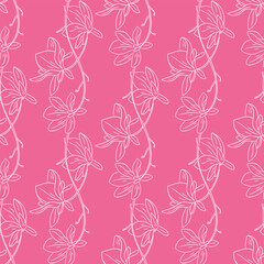 Seamless floral pattern with hand drawn magnolia flowers in white outline on pink background. Concept of elegant botanical design for fabric, wallpaper or feminine decor