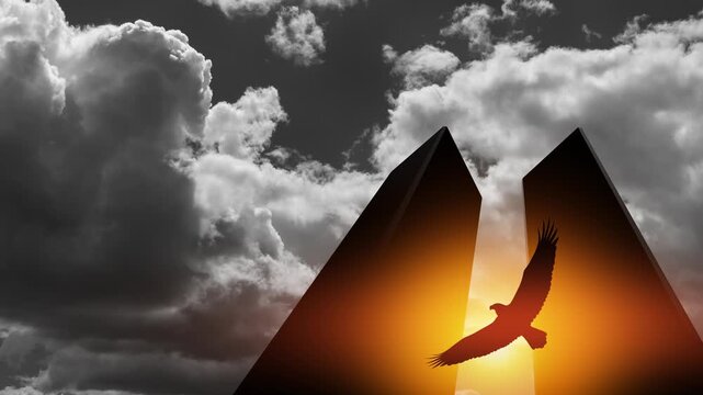 Silhouette of Towers with soaring eagle on background of black and white sky. 09.11.2001 American Patriot Day banner.
