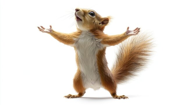 Playful squirrel with outstretched paws against a white background.