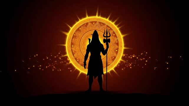 Silhouette Lord Shiva of a figure holding a trident, standing in front of a radiant circular symbol against a dark background.