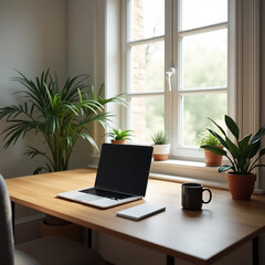 Fototapeta premium Peaceful Morning Remote Work with Laptop and Coffee by Sunlit Window