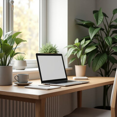 Fototapeta premium Clean Minimalist Home Office Desk with Laptop and Natural Light