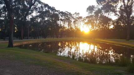 Golden Sunset Reflections: Tranquil Pond Scene with Eucalyptus Trees