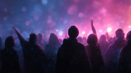Crowd enjoying concert with rain and neon lights people music