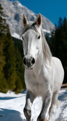 Obraz premium Majestic white horse in snowy mountains