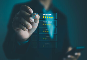 Businesspeople rate their satisfaction and praise the products and excellent service, customer care...