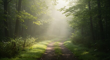 Obraz premium A dirt path winds through a lush green forest, illuminated by sunlight filtering through the trees creating a misty, ethereal atmosphere.