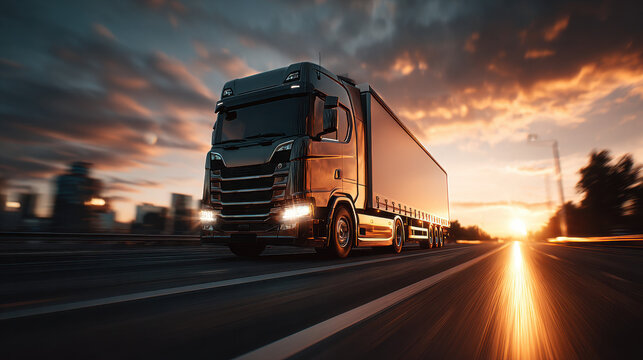 Dark truck driving on highway during sunset transportation