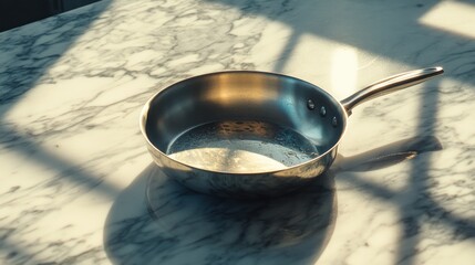 Stainless Steel Pan on Marble Surface with Dramatic Sunlight and Shadows