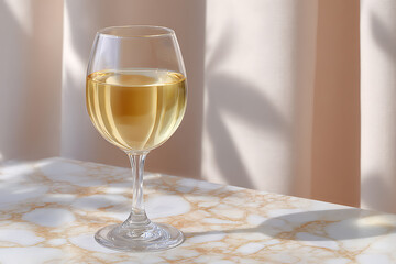 Elegant Glass of White Wine on Table with Soft Drapery and Natural Light