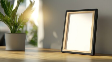 Minimalist Interior: Blank Picture Frame, Plant, Natural Light, Wooden Table.