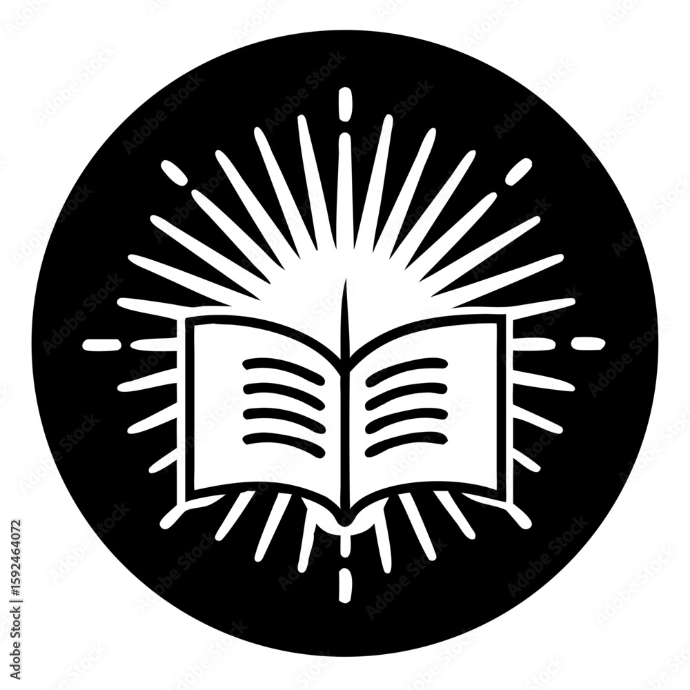 Poster open book with rays of light in a circular black background