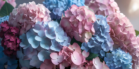 Close-Up of Pink, Blue, and Purple Hydrangea Flowers in Soft Light

