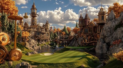 Steampunk Golf Course: Fantasy Landscape with Gears, Towers, and Autumnal Colors.